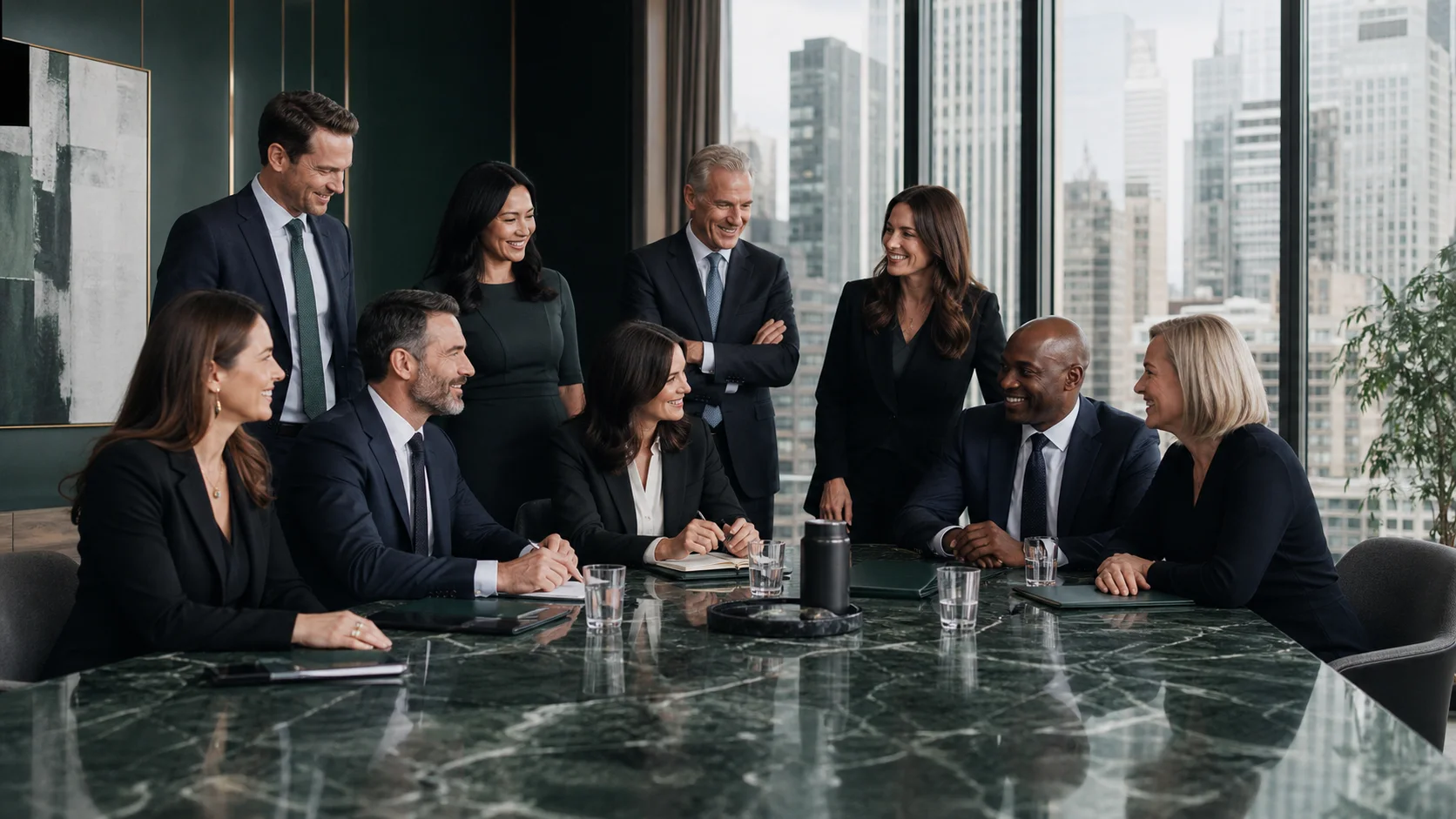 A diverse group of legal professionals collaborating in Manhattan